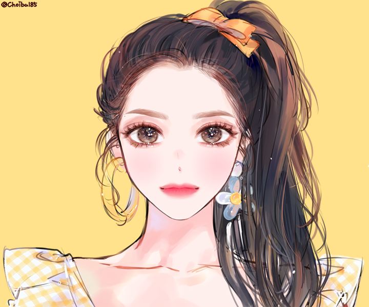 1girl black_hair brown_eyes brown_hair choibal85 closed_mouth commentary_request earrings eyeshadow irene_(red_velvet) jewelry k-pop korean_commentary looking_at_viewer makeup ponytail portrait real_life red_velvet_(group) side_ponytail solo twitter_username yellow_background