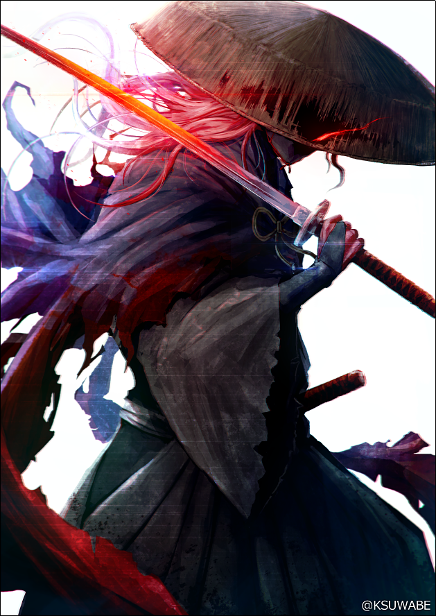 1boy commentary_request fate/grand_order fate_(series) glowing hakama hakama_skirt haori hat hidden_eyes holding holding_sword holding_weapon japanese_clothes k-suwabe long_hair long_sleeves male_focus okada_izou_(fate) okada_izou_(second_ascension)_(fate) over_shoulder sandogasa skirt solo sword sword_over_shoulder weapon weapon_over_shoulder white_background wide_sleeves