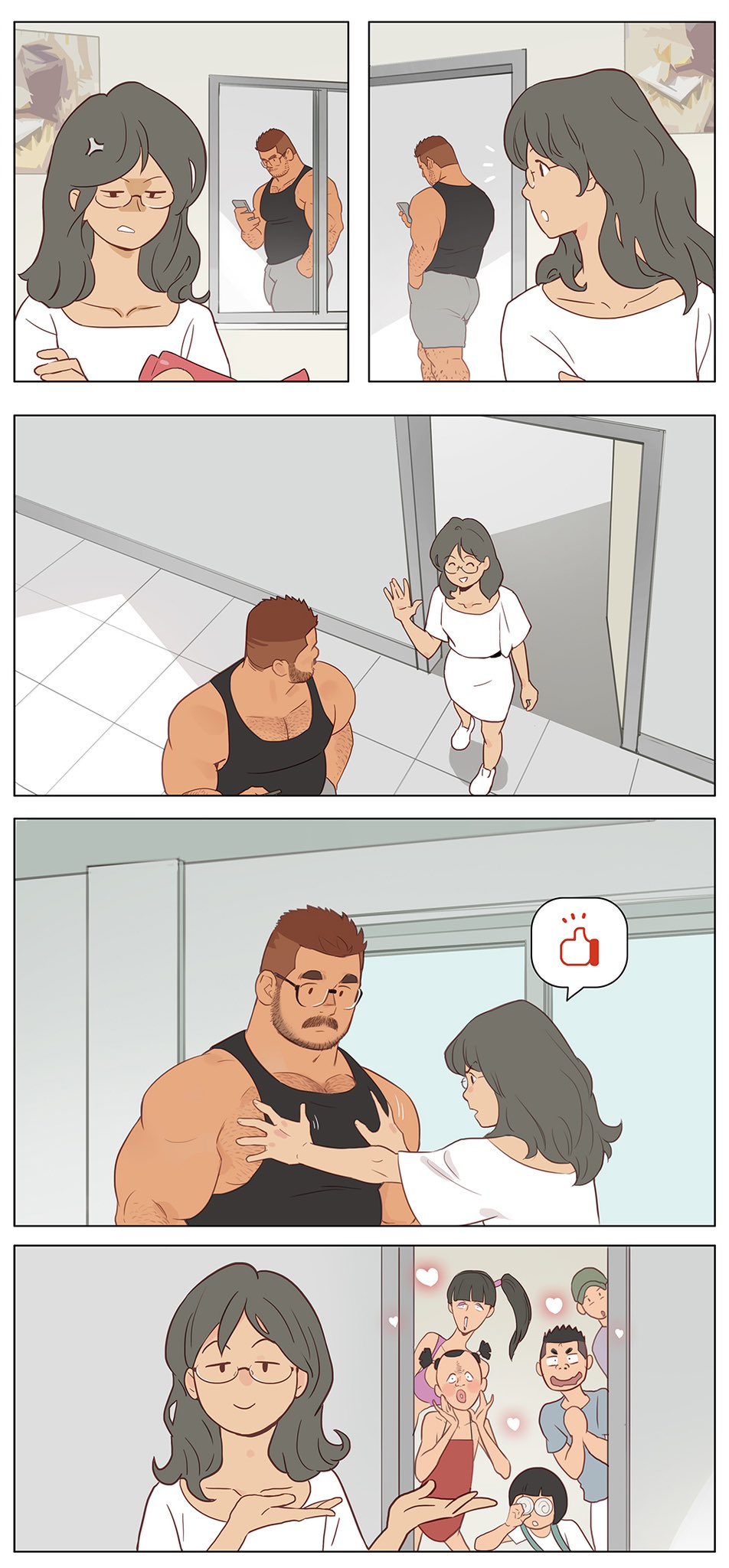 2boys 3girls 3koma ass bara beard black_tank_top blank_eyes blank_stare brown_hair bulge comic dark-skinned_male dark_skin dress facial_hair from_above glasses grey_shorts groping hairy hetero highres holding holding_phone large_pectorals lecture lecturing leg_hair long_hair loving_aura mature_male monster_boy motion_lines multiple_boys multiple_girls muscle_awe muscular muscular_male original pectoral_cleavage pectoral_grab pectorals peeking_out phone picture_frame pointing pointing_to_the_side short_hair shorts smile smug speech_bubble spoken_emoji tank_top thick_eyebrows thumbs_up waving wavy_mouth white_dress yaoi youtian_(youtiange)