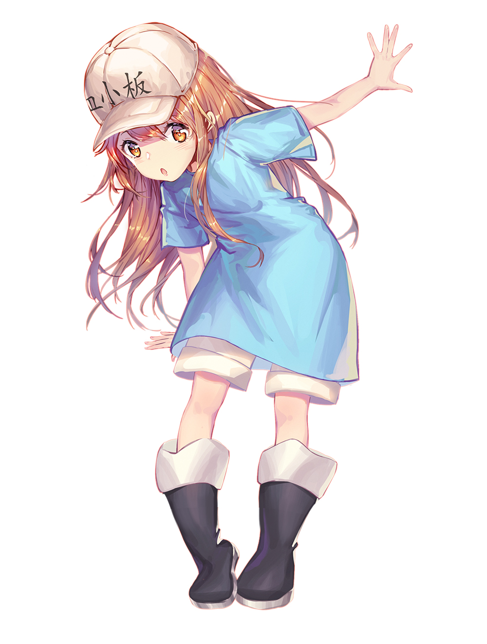 10s 1girl black_boots blonde_hair blue_shirt boots brown_eyes character_name female_focus floating_hair hair_between_eyes haitang hat hataraku_saibou highres leaning_forward long_hair open_mouth outstretched_arm platelet_(hataraku_saibou) shirt short_shorts short_sleeves shorts simple_background solo standing very_long_hair white_background white_hat white_shorts