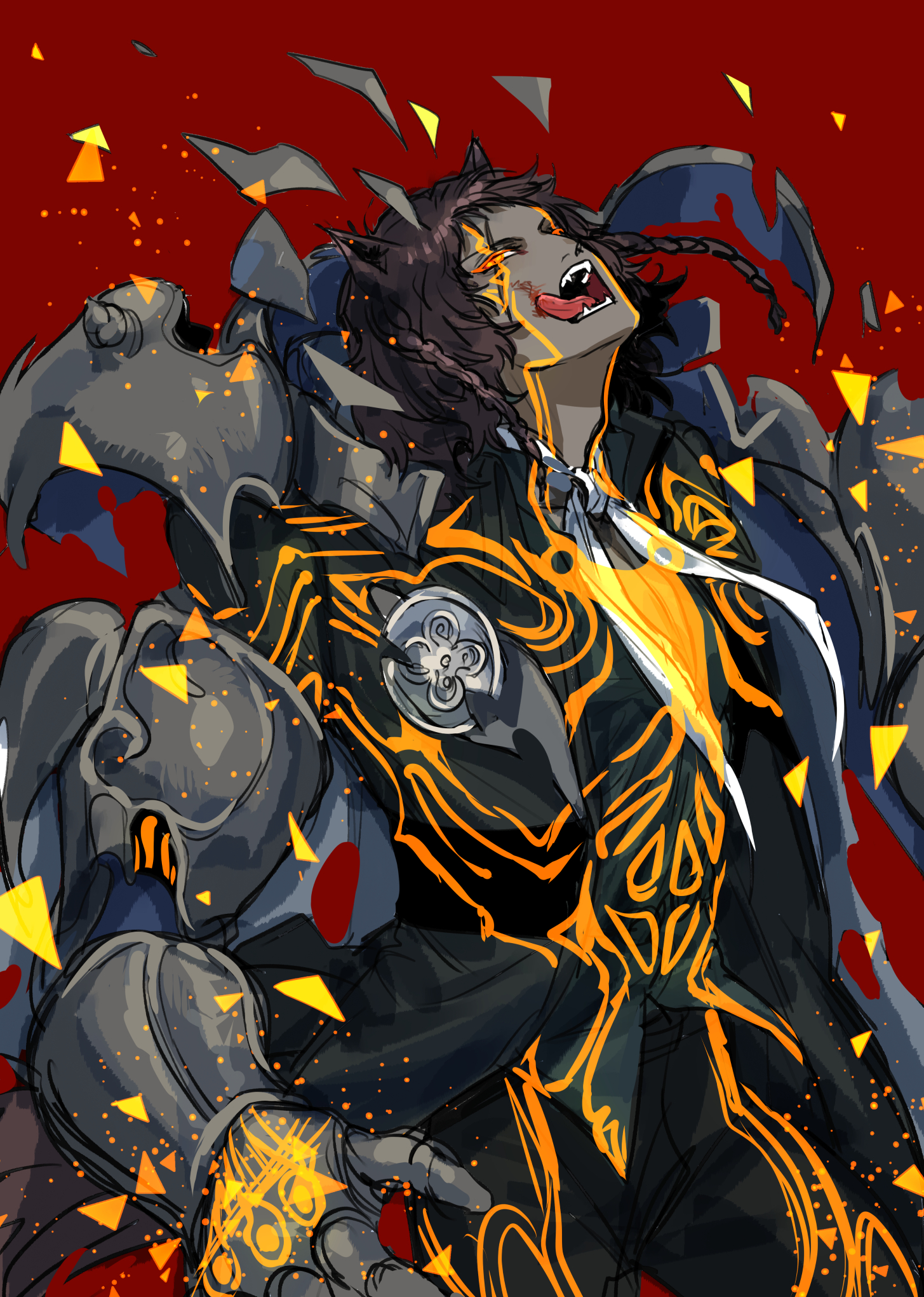 1boy animal_ears armor basilio_(metaphor:_refantazio) berserker_(archetype) black_coat black_hair black_pants braid coat commentary_request cowboy_shot dark-skinned_female dark-skinned_male dark_skin debris facial_mark head_back highres looking_to_the_side male_focus metaphor:_refantazio mgmgdes61 open_mouth pants red_background red_eyes scar scar_on_face side_braid sideways_glance solo standing teeth tongue tongue_out