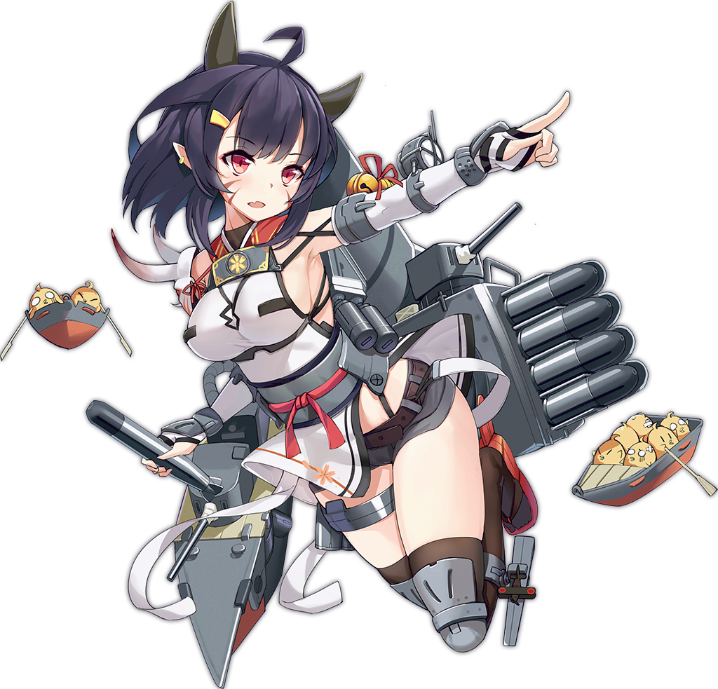1girl abukuma_(azur_lane) abukuma_(retrofit)_(azur_lane) ahoge aircraft airplane animal armpits azur_lane bandaged_head bandages bell belt bird black_hair black_thighhighs blue_hair boat breasts bridal_gauntlets cameltoe chick earrings eyebrows eyelashes eyeshadow facial_mark facing_away female_focus flower full_body grey_shorts holding holding_torpedo horns index_finger_raised jewelry jingle_bell large_breasts long_hair looking_away machinery makeup multicolored_hair o_o official_art oni_horns ootsuki_momiji over-kneehighs paddle pink_eyes pink_eyeshadow pointy_ears red_ribbon remodel_(azur_lane) ribbon ship_turret short_shorts shorts sideboob skindentation solo tabi tachi-e thighhighs torpedo transparent_background turn_pale two-tone_hair watercraft |_|