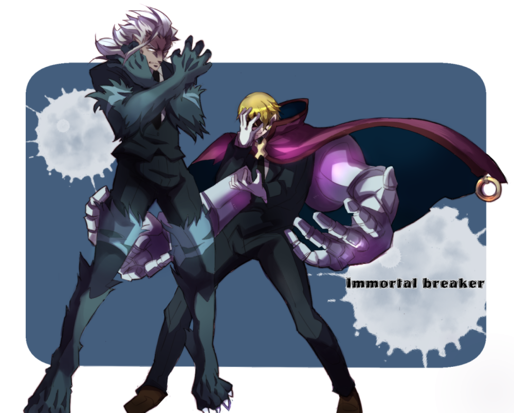 2boys arc_system_works artist_request blazblue blazblue:_bloodedge_experience blindfold blonde_hair cape formal_clothes height_difference high_collar mechanical_arms multiple_boys pointy_ears relius_clover short_hair smile suit transformation valkenhayn_r_hellsing werewolf white_hair aged_down