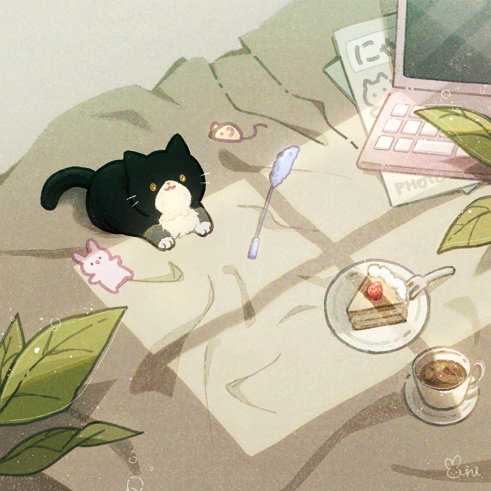 animal animal_focus black_cat cake cake_slice cat cat_teaser computer cup danby_merong food fork fruit laptop no_humans original plate saucer strawberry stuffed_animal stuffed_rabbit stuffed_toy teacup toy_mouse