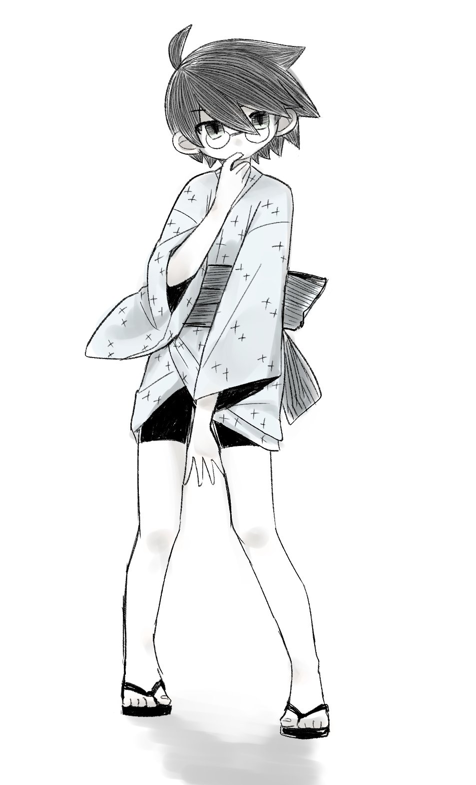 1boy aged_down ahoge between_legs bike_shorts black_hair child commentary_request finger_in_own_mouth finger_sucking full_body geta glasses hair_between_eyes hand_between_legs highres itoshiki_nozomu japanese_clothes kimono magusagari male_focus muted_color sayonara_zetsubou_sensei short_kimono short_yukata simple_background white_background yukata
