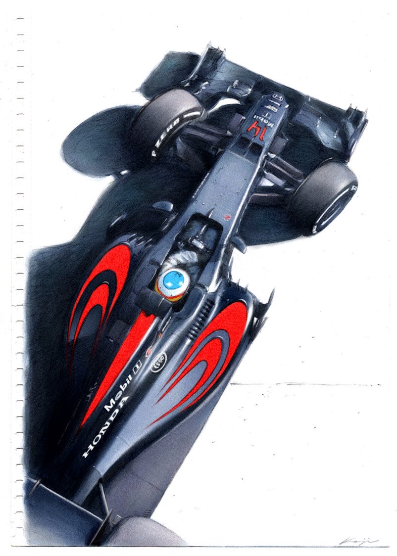 1boy black_gloves car fernando_alonso formula_one formula_racer from_above gloves helmet honda jacket kondo_koji_(automotive_artist) mclaren mobil1 motor_vehicle race_vehicle racecar real_life solo spoiler_(automobile) traditional_media vehicle_focus white_background white_jacket