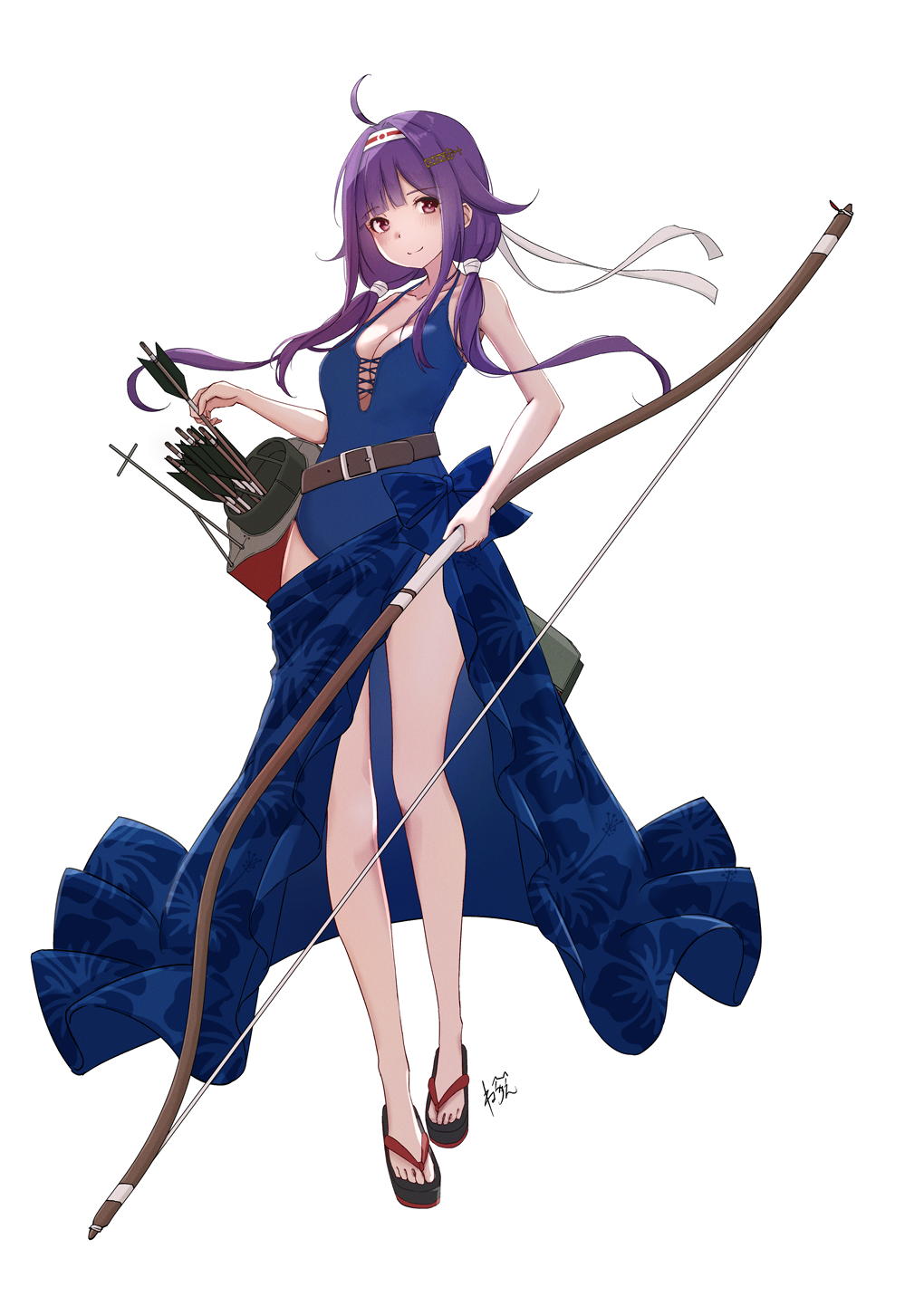 1girl ahoge arrow_(projectile) blue_one-piece_swimsuit blue_sarong bow_(weapon) breasts casual_one-piece_swimsuit hair_flaps hair_ornament hairband hairclip highres holding holding_arrow holding_bow_(weapon) holding_weapon kantai_collection long_hair low_twintails medium_breasts neve_(morris-minicooper) okobo one-piece_swimsuit platform_sandals purple_hair quiver red_eyes ryuuhou_(kancolle) ryuuhou_kai_ni_(kancolle) sandals sarong smile solo swimsuit taigei_(kancolle) twintails very_long_hair weapon yumi_(bow)