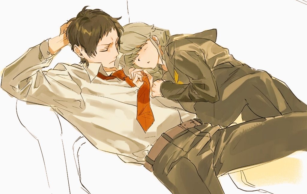 2boys adachi_tooru braid business_suit couch crossdressing formal_clothes male_focus multiple_boys narukami_yu necktie on_couch persona persona_4 red_necktie school_uniform skirt sleeping sleeping_on_person suit twin_braids white-trick yasogami_school_uniform