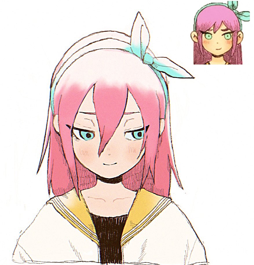 1girl aubrey_(faraway)_(omori) aubrey_(omori) blue_eyes blue_hairband blush closed_mouth collarbone hairband jacket looking_at_viewer omori pink_hair reference_inset simple_background smile solo tate_ware_anal white_background white_jacket