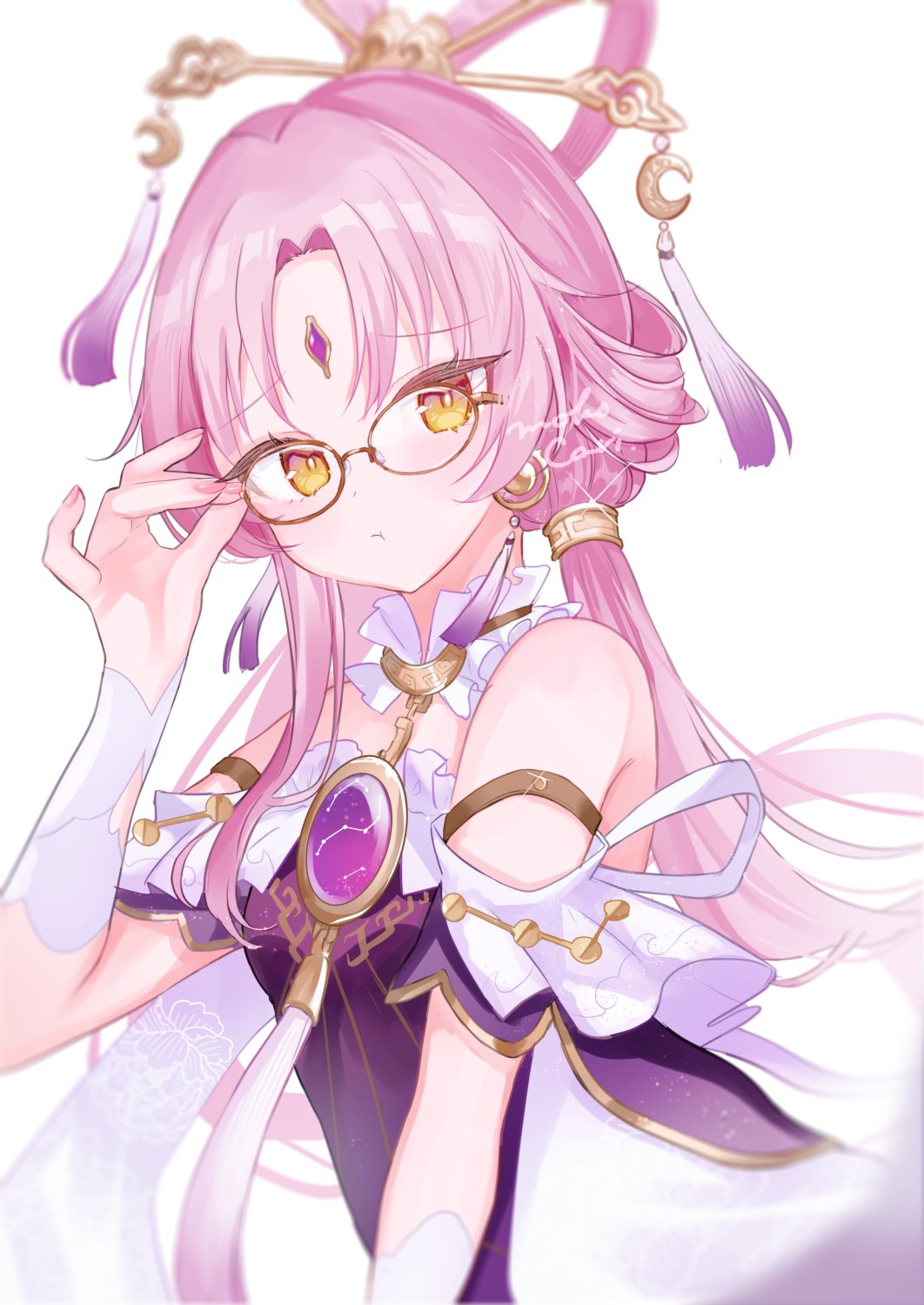 1girl :t adjusting_eyewear bare_shoulders bespectacled breasts closed_mouth commentary_request crescent dress forehead_jewel fu_xuan_(honkai:_star_rail) glasses hair_ornament hair_rings hair_stick hand_up highres honkai:_star_rail honkai_(series) long_hair looking_at_viewer moko_(mokochisa) parted_bangs pink_hair pout purple_dress signature simple_background small_breasts solo very_long_hair watermark white_background