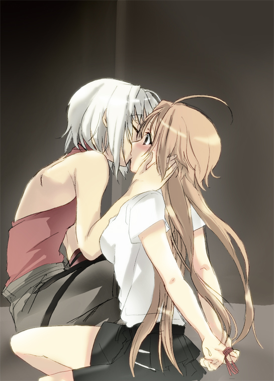 2girls 428 428:_fuusa_sareta_shibuya_de ahoge androgynous arms_behind_back bare_shoulders bdsm blush bondage bound bound_wrists canaan_(character) canaan_(series) chunsoft hareta kiss long_hair multiple_girls oosawa_maria seita string string_of_fate surprised yuri