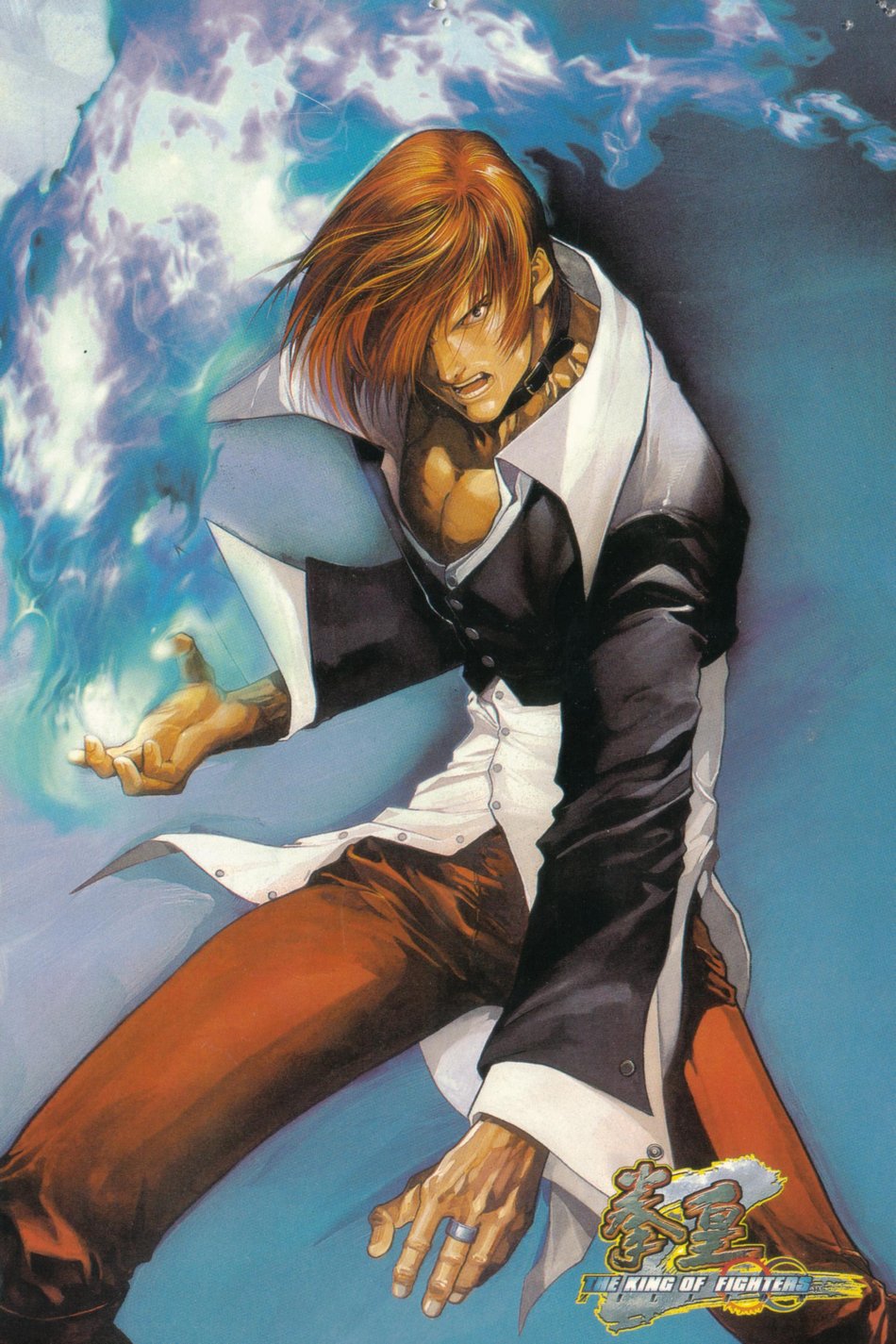 1boy andy_seto blue_fire choker dress_shirt fire hair_over_one_eye highres jewelry male_focus official_art pants pyrokinesis red_hair red_pants ring shirt snk solo the_king_of_fighters yagami_iori