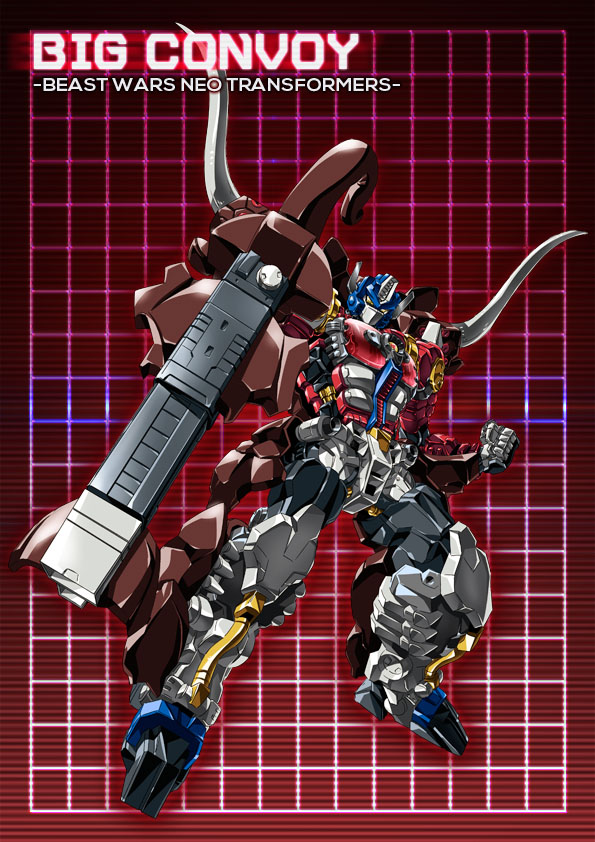 1990s_(style) 1boy beast_wars beast_wars_neo big_convoy cannon character_name clenched_hand copyright_name full_body grid grid_background holding holding_weapon huge_weapon looking_at_viewer machine machinery male_focus maximal mecha no_humans paintedmike personification red_background retro_artstyle robot solo transformers tusks weapon yellow_eyes
