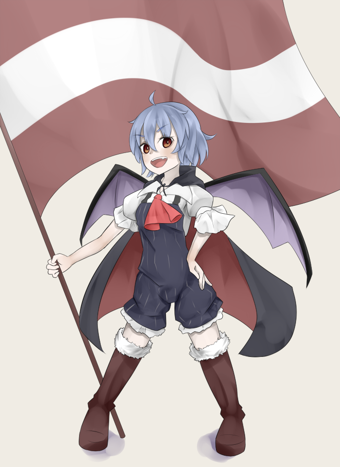 1girl alternate_costume ascot bat_wings blue_hair boots brown_boots cape female_focus hand_on_own_hip knee_boots latvian_flag looking_at_viewer mknongr no_headwear open_mouth puffy_short_sleeves puffy_sleeves red_ascot red_eyes remilia_scarlet shoes short_hair short_sleeves solo teeth touhou wings