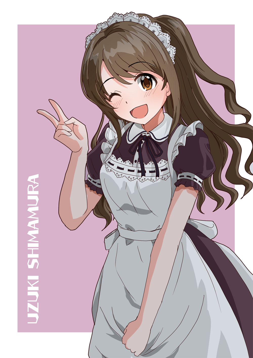 1girl apron black_ribbon brown_eyes brown_hair character_name dress head_tilt highres idolmaster idolmaster_cinderella_girls illustscody long_hair looking_at_viewer maid_apron maid_headdress neck_ribbon one_eye_closed one_side_up open_mouth puffy_short_sleeves puffy_sleeves purple_dress ribbon shimamura_uzuki short_sleeves sidelocks smile solo v
