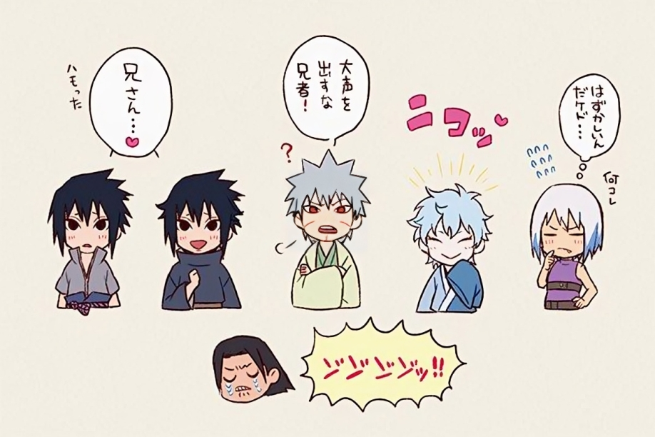 ? ^_^ belt black_eyes black_hair blue_hair blue_streaks blush boruto:_naruto_next_generations brothers brown_belt brown_hair closed_eyes crossed_arms dark-skinned_male dark_skin embarrassed facial_mark finger_on_own&#039;s_chin frown grey_hair hand_on_own_hip hoozuki_suigetsu japanese_clothes japanese_text kimono mitsuki_(naruto) multiple_boys naruto_(series) naruto_shippuuden pale_skin red_eyes rope_belt scar senju_hashirama senju_tobirama siblings speech_bubble spiked_hair tears thinking thought_bubble time_paradox tooth_sticking_out_of_mouth translated uchiha_izuna uchiha_sasuke white_hair