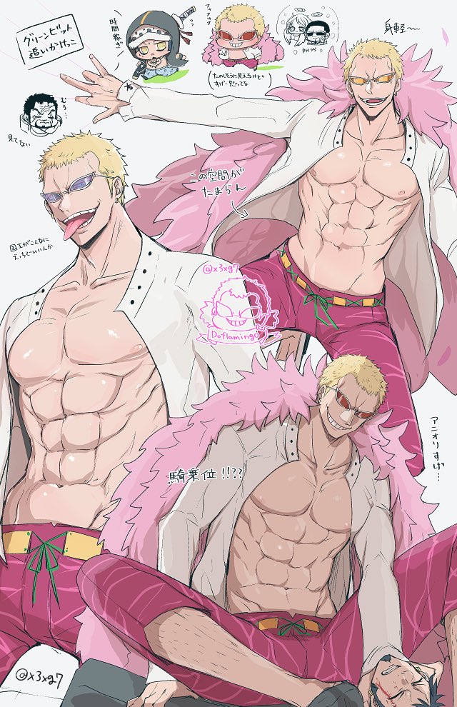 1girl 4boys abs black_coat black_hair blonde_hair blood blood_on_face capri_pants chest_tattoo chibi chibi_inset clenched_teeth closed_eyes coat collarbone commentary denim donquixote_doflamingo earrings evil_smile facial_hair feather_coat goatee grin hand_on_another&#039;s_neck hat height_difference holding holding_sword holding_weapon injury issho_(fujitora) jeans jewelry katana leg_hair looking_at_another monet_(one_piece) multiple_boys muscular muscular_male nashieda navel nipples one_piece open_clothes open_mouth pants pectorals pink_coat purple-tinted_eyewear shirt shoes short_hair sitting sitting_on_person smile sunglasses sword symbol-only_commentary tattoo teeth thread tinted_eyewear tongue tongue_out trafalgar_law translation_request vergo_(one_piece) weapon white-framed_eyewear white_shirt yellow_eyes