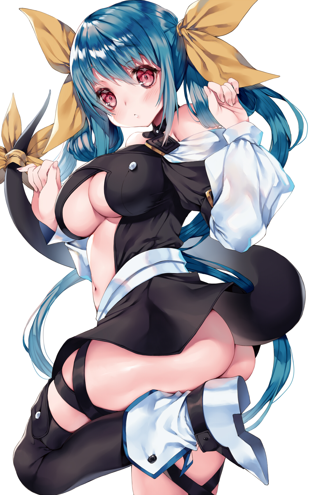 1girl ass bare_shoulders belt black_thighhighs blue_hair blush boots breasts choker cleavage cleavage_cutout clothing_cutout collarbone dizzy_(guilty_gear) guilty_gear guilty_gear_x guilty_gear_xx hair_between_eyes hair_ribbon hair_rings highres hime_gyo large_breasts long_hair long_sleeves looking_at_viewer midriff monster_girl navel open_mouth puffy_long_sleeves puffy_sleeves red_eyes ribbon skindentation solo tail tail_ornament tail_ribbon thick_thighs thigh_strap thighhighs thighs twintails underboob yellow_ribbon