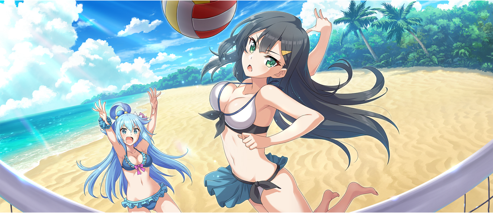 2girls aqua_(konosuba) ball beach beach_volleyball beachball bikini black_hair blue_eyes blue_hair breasts game_cg green_eyes hair_ornament hairclip highres kono_subarashii_sekai_ni_shukufuku_wo! konosuba!_fantastic_days lia_(konosuba) light_blush long_hair looking_at_viewer medium_breasts multiple_girls official_art swimsuit
