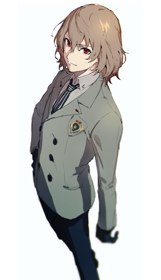 1boy akechi_gorou black_gloves black_necktie black_pants brown_hair brown_jacket buttons closed_mouth double-breasted dress_shirt gloves hair_between_eyes hand_on_own_hip jacket long_sleeves looking_at_viewer male_focus necktie pants persona persona_5 pitk red_eyes shirt short_hair simple_background smile solo striped_clothes vertical-striped_clothes vertical-striped_necktie white_background white_shirt