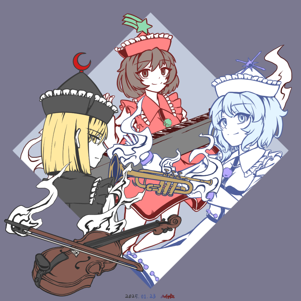 3girls agenaiyo black_hat black_vest blonde_hair blue_eyes blue_hair bow_(music) breasts brown_eyes brown_hair closed_mouth collared_vest commentary_request crescent crescent_hat_ornament floating floating_object frilled_hat frilled_vest frills hat hat_ornament instrument juliet_sleeves keyboard_(instrument) long_sleeves looking_at_viewer lunasa_prismriver lyrica_prismriver merlin_prismriver multiple_girls pink_hat pink_skirt pink_vest puffy_sleeves red_hat red_skirt red_vest shirt shooting_star_hat_ornament skirt small_breasts sun_hat_ornament touhou trumpet upper_body vest violin white_shirt yellow_eyes