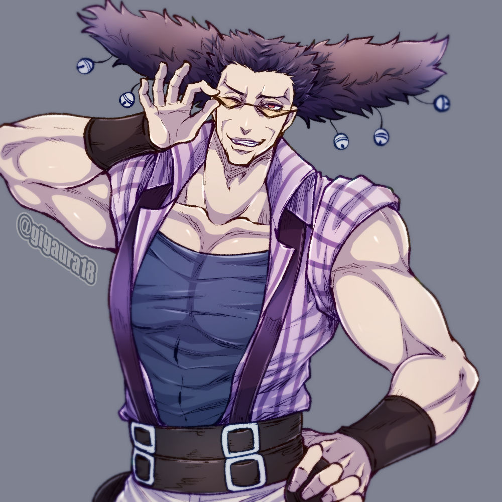 1boy adjusting_eyewear alessi bell brown_hair giga_omega hair_bell hair_ornament hand_on_own_hip jojo_no_kimyou_na_bouken male_focus muscular muscular_male one_eye_closed pectorals plaid solo stardust_crusaders sunglasses suspenders