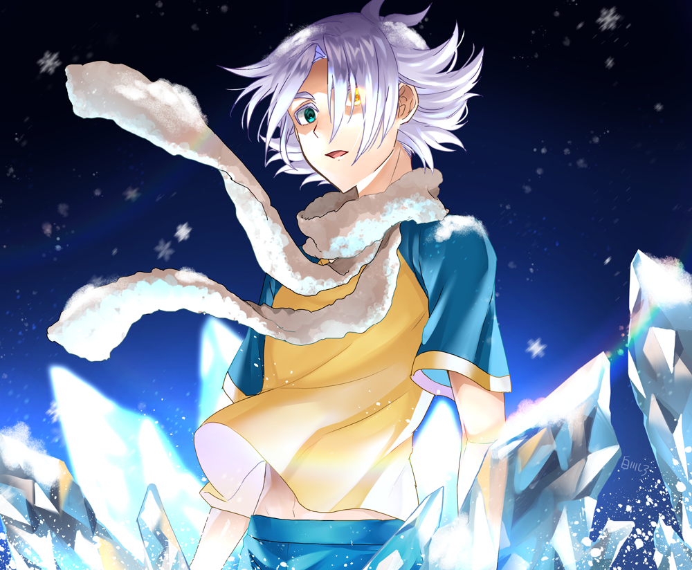 1boy fubuki_shirou gradient_background green_eyes heterochromia ice ice_crystal inazuma_eleven inazuma_eleven_(series) male_focus midriff_peek open_mouth raimon raimon_soccer_uniform scarf shirotoge snowflakes soccer_uniform solo sportswear upper_body white_hair white_scarf