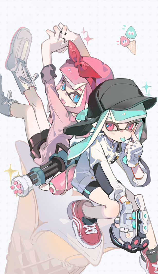 2girls :p akanbe arms_up aviator_cap bike_shorts black_headwear black_shorts blue_eyes blue_hair blue_pupils blunt_bangs boots bow closed_mouth commentary_request eyelid_pull fang fingerless_gloves flower gloves hair_bow headband holding holding_weapon ice_cream_cone inkling inkling_girl inkling_player_character jacket long_hair mini_splatling_(splatoon) multiple_girls nintendo open_mouth pink_eyes pink_hair pink_shirt red_bow red_flower red_headband shirt shorts skin_fang sleeves_rolled_up sparkle splatoon_(series) standing standing_on_one_leg stretching suymix320 tentacle_hair tetra_dualies_(splatoon) tongue tongue_out weapon white_background white_footwear white_gloves white_jacket