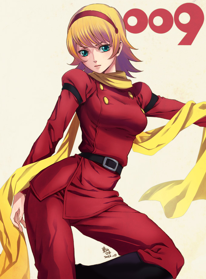 009_re:cyborg 10s 1girl bad_id bad_pixiv_id blonde_hair blue_eyes boots breasts cyborg_009 female_focus francoise_arnoul green_eyes jacket pants puni-puni scarf short_hair solo touyama_maki