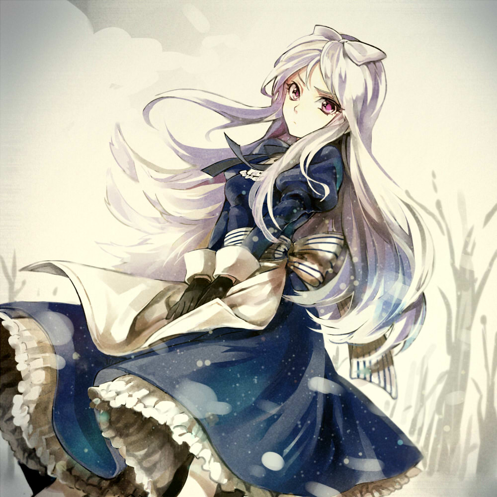 1girl apron axis_powers_hetalia bad_id bad_pixiv_id belarus_(hetalia) black_gloves black_ribbon blue_dress bow dress female_focus floating_hair frilled_dress frills gloves grey_background hair_bow horosho ksuga long_dress long_hair looking_at_viewer neck_ribbon outdoors purple_eyes ribbon silver_hair snowing solo standing very_long_hair white_apron white_bow