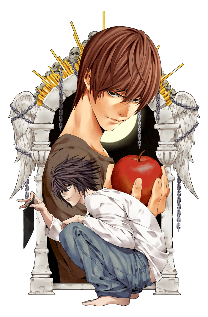 2boys apple bags_under_eyes black_eyes black_hair brown_eyes brown_hair brown_shirt death_note death_note_(object) denim food fruit hair_between_eyes holding holding_food holding_fruit jeans l_(death_note) long_sleeves looking_at_viewer male_focus medium_hair multiple_boys no_shoes pants shirt simple_background squatting talgi white_background white_shirt yagami_light