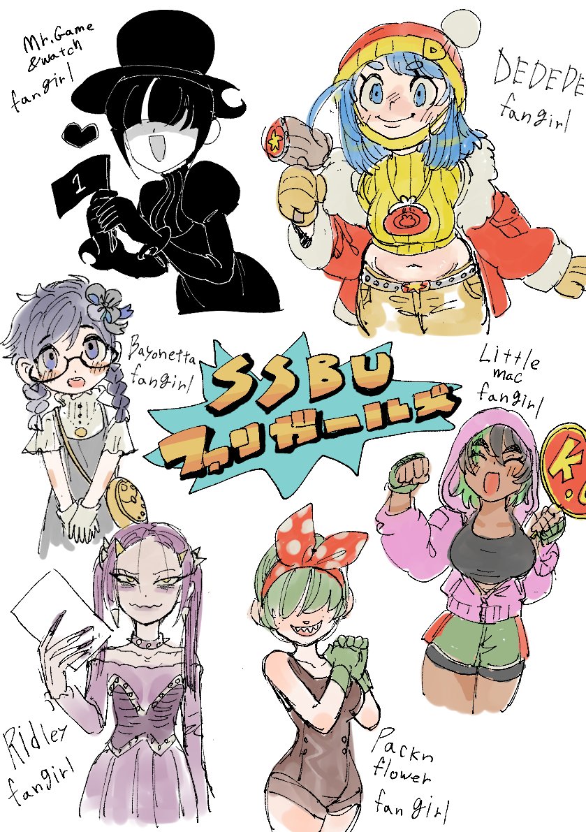 ^_^ bags_under_eyes bayonetta bayonetta_(cosplay) bayonetta_(series) beanie belly black_dress black_hair black_hat black_tank_top blue_eyes blue_hair blunt_bangs bow_hairband breasts character_name child closed_eyes coat coin_purse collar colored_skin cosplay crop_top cropped_sweater dancho_no_mori dark-skinned_female dark_skin dress flag game_&amp;_watch green_hair green_zelda_shirt_and_cargo_shorts_(meme) hair_over_eyes hairband hammer hand_up hands_up hat heart holding holding_flag holding_hammer holding_mallet holding_paper hood hooded_jacket jacket jewelry juliet_sleeves king_dedede king_dedede_(cosplay) kirby_(series) large_breasts leotard little_mac little_mac_(cosplay) long_hair long_sleeves mallet mario_(series) meme metroid mittens mr._game_&amp;_watch mr._game_&amp;_watch_(cosplay) multicolored_hair narrowed_eyes navel necklace nintendo off-shoulder_dress off_shoulder original own_hands_together paper pink_jacket piranha_plant piranha_plant_(cosplay) puffy_sleeves punch-out!! purple_collar purple_dress purple_hair red_coat red_hairband red_hat red_jacket red_sweater ribbed_sweater ridley ridley_(cosplay) sharp_teeth short_hair spiked_collar spikes super_smash_bros. sweater tank_top teeth top_hat twintails two-tone_hair very_long_fingernails wavy_mouth white_skin winter_clothes yellow_eyes yellow_mittens