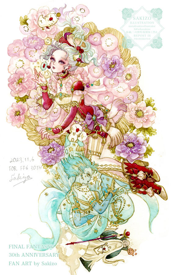 1boy 2girls artist_name beard blue_hair breasts creature crop_top dated detached_sleeves earrings facial_hair final_fantasy final_fantasy_vi floral_background flower frilled_sleeves frills full_body gold_trim grey_hair hair_bobbles hair_ornament hair_ribbon hair_slicked_back jewelry long_hair medium_breasts midriff moogle multiple_girls ornate_clothes parted_lips pendant_choker pink_flower pointy_ears ponytail purple_eyes purple_flower ramuh red_footwear ribbon sakizou sash shiva_(final_fantasy) short_hair tina_branford wavy_hair white_background yellow_eyes