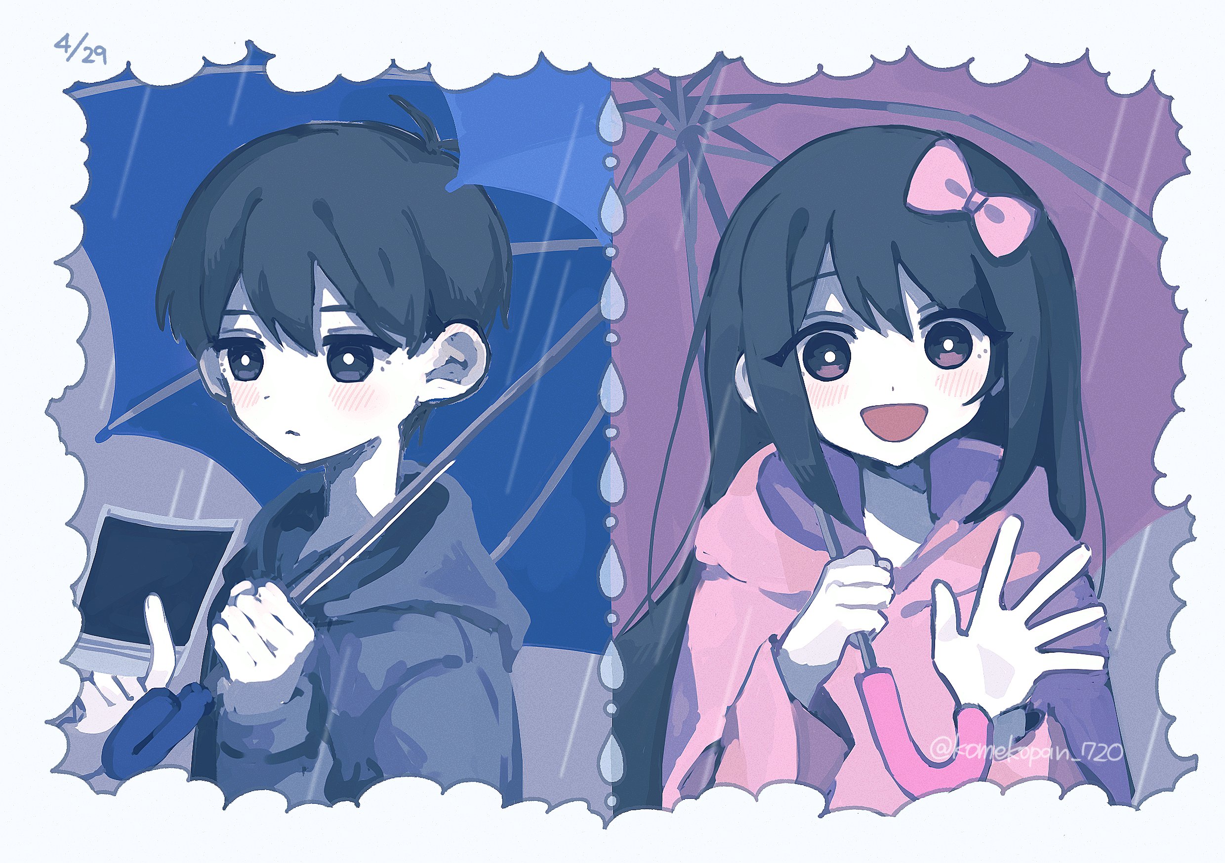 1boy 1girl aged_down antenna_hair aubrey_(faraway)_(omori) aubrey_(omori) black_eyes black_hair black_raincoat blue_umbrella blush border bow bright_pupils closed_mouth dated hair_bow highres holding holding_photo holding_umbrella komekopan_720 long_hair long_sleeves looking_at_viewer omori open_mouth photo_(object) pink_bow pink_umbrella rain raincoat short_hair smile sunny_(omori) twitter_username umbrella white_border white_pupils