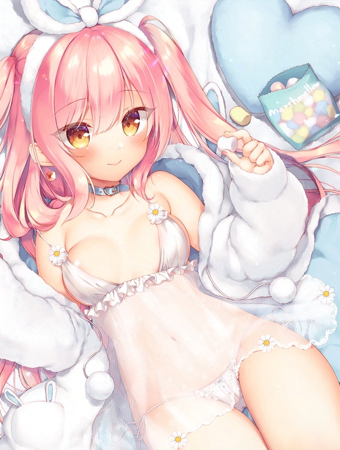 1girl animal_ears bare_shoulders blush bra breasts brown_eyes choker closed_mouth collarbone commentary dengeki_moeoh earrings fur-trimmed_jacket fur_trim hair_ribbon hairband indoors jacket jewelry lingerie long_hair long_sleeves looking_at_viewer lying medium_breasts navel off_shoulder on_back open_clothes open_jacket panties pillow pink_hair pom_pom_(clothes) rabbit_ears rabbit_tail ribbon sazaki_ichiri see-through_clothes sidelocks smile solo tail traditional_media underwear very_long_hair white_bra white_jacket white_panties white_ribbon