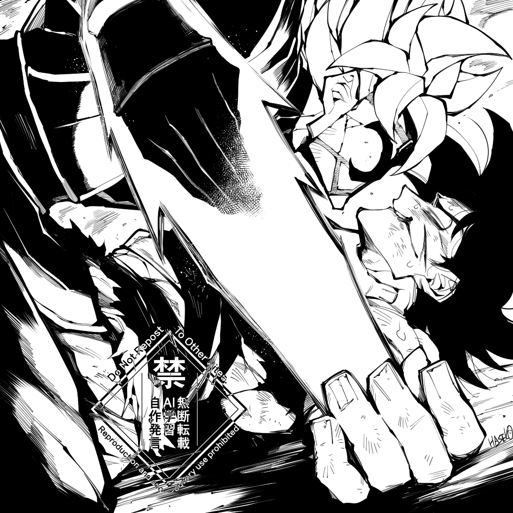 2boys blood blood_from_mouth commentary_request crack cracked_mask crimson-masked_saiyan dragon_ball dragon_ball_heroes energy_sword goku_black grin haseko123 hatching_(texture) impaled lying male_focus monochrome multiple_boys muscular muscular_male on_back profile short_hair smile son_goku spiked_hair strangling sword time_breaker_mask torn_clothes weapon