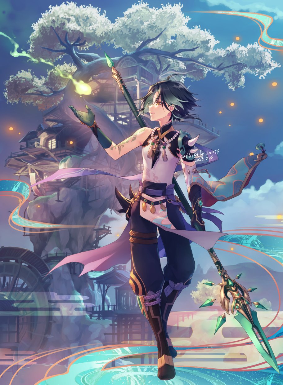 1boy ahoge aqua_hair architecture arm_tattoo artist_name asymmetrical_gloves bead_necklace beads black_boots black_gloves blue_pants boots cape closed_mouth cloud dated detached_sleeves east_asian_architecture egasumi eyeliner facial_mark forehead_mark genshin_impact gloves green_gloves green_hair hand_up hashtag-only_commentary highres holding holding_polearm holding_weapon horned_mask in-universe_location jewelry looking_to_the_side makeup male_focus mask mismatched_gloves multicolored_hair necklace night night_sky outdoors pants parted_bangs pelvic_curtain polearm primordial_jade_winged-spear_(genshin_impact) purple_cape railing red_eyeliner shirt short_hair shoulder_spikes sidelocks single_detached_sleeve sky sleeveless sleeveless_shirt smile solo spikes stairs standing streaked_hair tassel tattoo thigh_strap thistle_lapis tree twitter_username unworn_mask vision_(genshin_impact) water_wheel weapon white_shirt wide_sleeves xiao_(genshin_impact) yellow_eyes