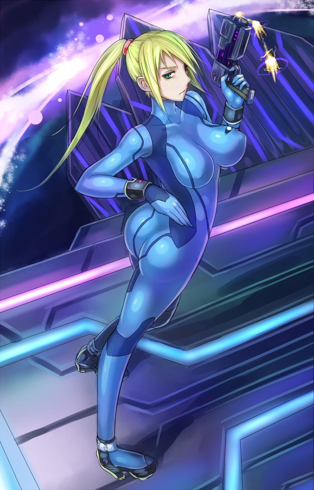 1girl ass blonde_hair bodysuit breasts covered_erect_nipples female_focus final_destination_(smash_bros) green_eyes gun highres long_hair looking_at_viewer metroid nintendo ponytail samus_aran skin_tight solo sukumo_(kemutai) weapon zero_suit
