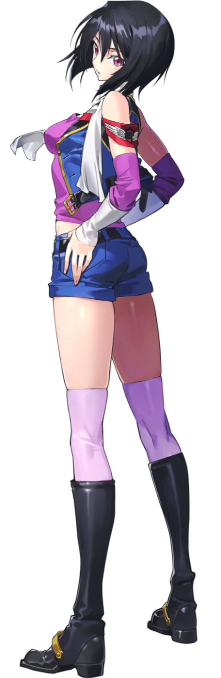 1girl bare_shoulders black_boots black_hair boots breasts code_geass code_geass:_boukoku_no_akito code_geass:_genesic_re;code elbow_gloves full_body gloves highres kousaka_ayano large_breasts looking_at_viewer looking_back official_art open_mouth purple_eyes short_hair simple_background solo tagme transparent_background