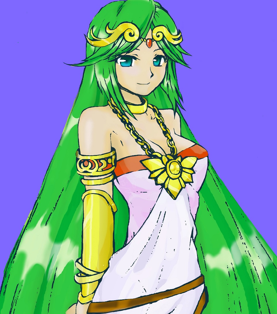 1girl alternate_eye_color ancient_greek_clothes aqua_eyes armlet arms_behind_back bare_shoulders belt blue_background breasts brown_belt chain closed_mouth diadem forehead_jewel gold_armlet gold_chain greco-roman_clothes green_hair ikazan jewelry kid_icarus kid_icarus_uprising large_breasts long_hair middle_part neck_ring nintendo palutena red_trim retro_artstyle sidelocks smile solo tiara upper_body vambraces very_long_hair
