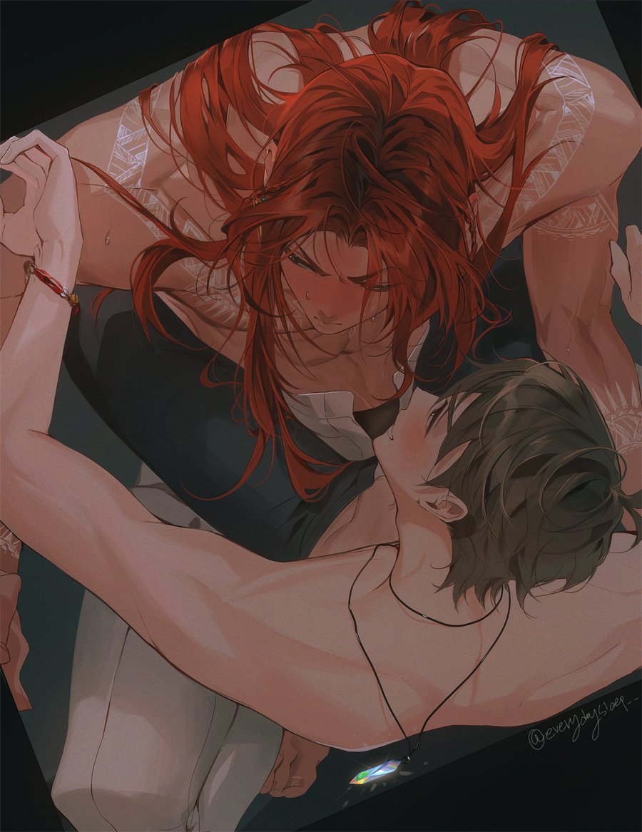 2boys bodyp bodypaint brown_eyes cus dante_(nu_carnival) dark-skinned_male dark_skin eiden_(nu_carnival) everydaysleep long_hair multiple_boys nu_carnival red_hair short_hair yaoi