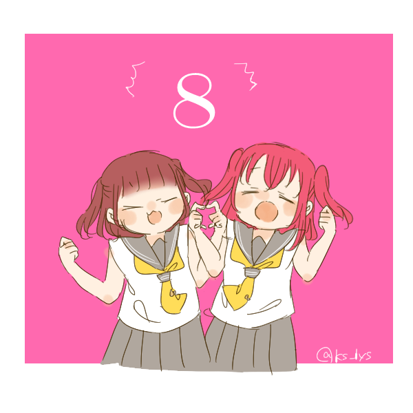 2girls :3 :d :o ^^^ animification border clenched_hands closed_eyes commentary countdown facing_viewer furihata_ai ganbaru_pose grey_sailor_collar grey_skirt kase_(ks_lys) kurosawa_ruby love_live! love_live!_sunshine!! medium_hair multiple_girls neckerchief open_mouth outside_border pink_background pleated_skirt real_life red_hair sailor_collar school_uniform serafuku shirt simple_background skirt sleeveless sleeveless_shirt smile summer_uniform tie_clip twitter_username two_side_up uranohoshi_school_uniform voice_actor voice_actor_connection white_border white_shirt yellow_neckerchief