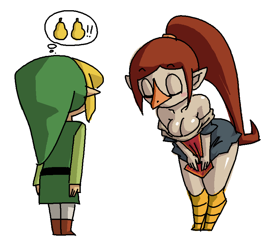 1boy 1girl blonde_hair breasts cleavage dress leaning_forward link looking_at_breasts medli minuspal nintendo red_hair rito simple_background the_legend_of_zelda the_legend_of_zelda:_the_wind_waker toon_link white_background