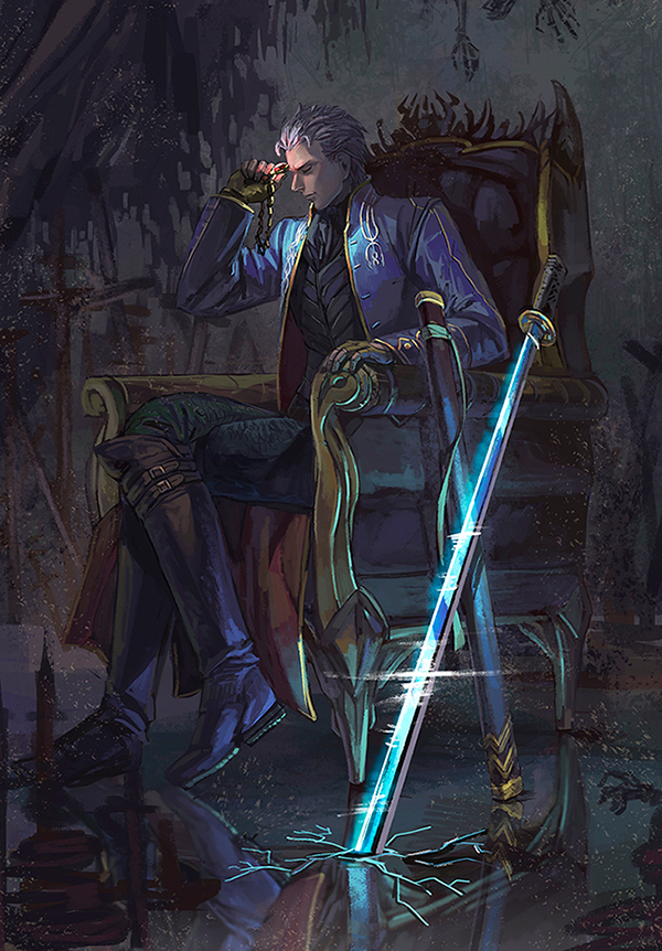 1boy chair closed_mouth commentary_request crack devil_may_cry_(series) devil_may_cry_3 gloves katana male_focus nitamame solo sword vergil_(devil_may_cry) weapon white_hair