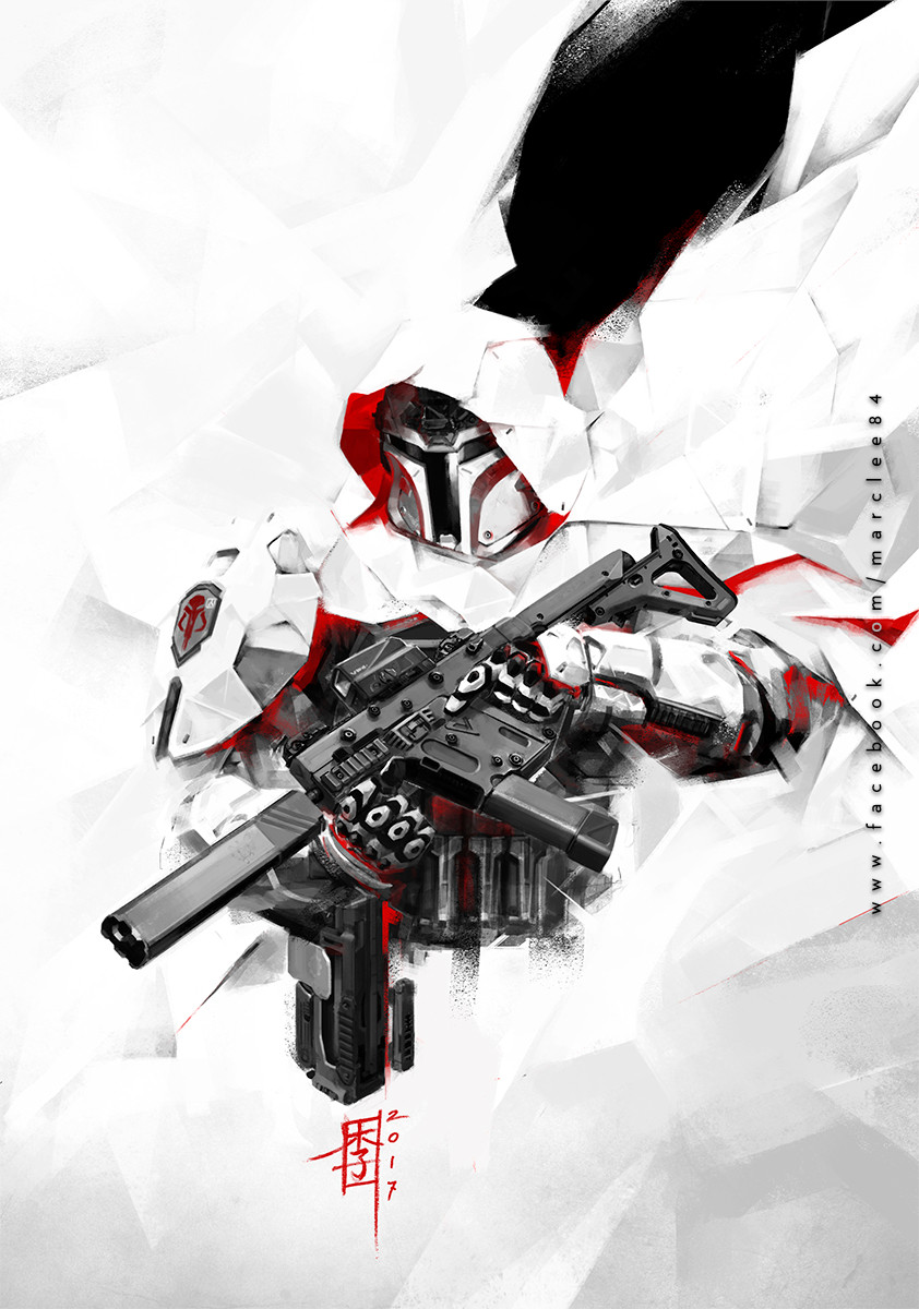 1boy 2017 adapted_costume armor assault_visor boba_fett cloak commentary english_commentary gun helmet highres holding holding_gun holding_weapon hood hood_up hooded_cloak mandalorian mar-c! redrawn science_fiction scope shoulder_armor solo spot_color star_wars trigger_discipline upper_body watermark weapon weapon_request web_address white_background white_theme