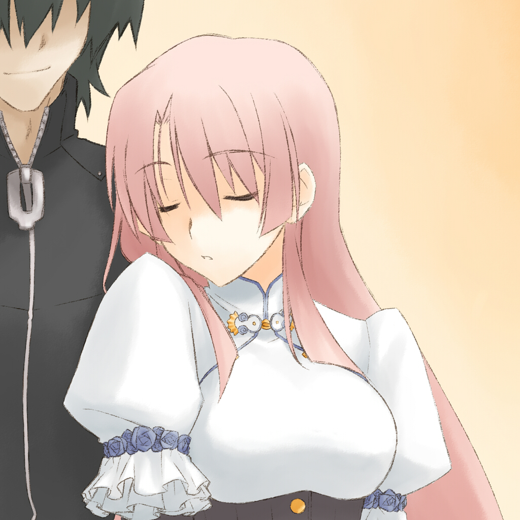 1boy 1girl black_hair blush breasts corset eyes_closed framed_breasts large_breasts long_hair mayo-black minato_kageaki ootori_kanae_(soukou_akki_muramasa) pink_hair soukou_akki_muramasa very_long_hair