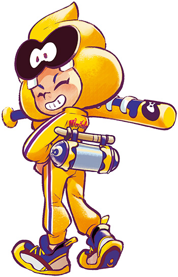 1other ambiguous_gender blue_shoes character_hood closed_eyes collared_jumpsuit copyright_name cosplay english_text eyelashes facing_back from_behind gumchi gumchi_(cosplay) gungho hand_on_own_hip head_tilt holding holding_weapon hood hood_up ippon_katana_(ninjala) jumpsuit ninjala nose official_art outline print_jumpsuit purple_outline rianti-wong second-party_source shoe_soles shoes shuriken_print sneakers socks solo striped_jumpsuit teeth text_print vertical-striped_jumpsuit vertical-striped_sleeves weapon white_background white_shoes white_socks yellow_hood yellow_jumpsuit yellow_shoes yellow_sleeve_cuffs