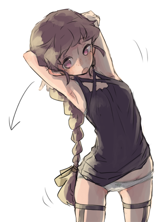 1girl armpits arms_behind_head black_dress braid braided_ponytail brown_hair cowboy_shot criss-cross_halter dress female_focus garter_straps halterneck isuzu_(log_horizon) leaning_to_the_side log_horizon long_hair mo_(deciliter) panties pink_eyes ponytail simple_background single_braid sketch sleeveless sleeveless_dress solo stretching thigh_gap underwear very_long_hair white_background white_panties