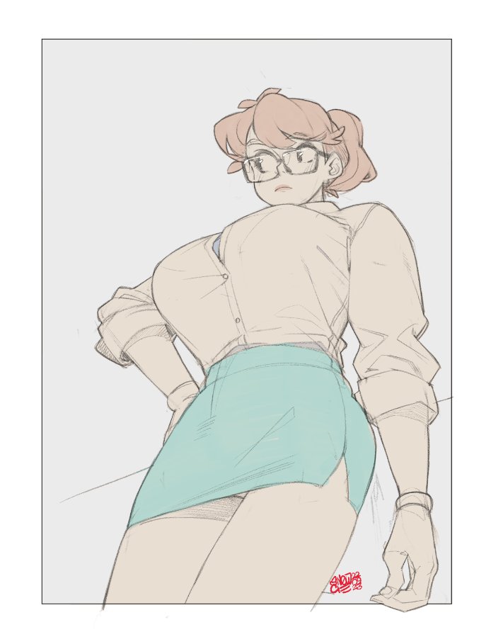 1girl artist_name blue_skirt border bracelet breasts brown_eyes brown_hair collared_shirt commentary dated english_commentary from_below frown glasses grey_background hand_on_own_hip jewelry large_breasts looking_to_the_side muted_color office_lady original pencil_skirt pink_lips ponytail shirt short_hair skirt snowcie snowciel_(snowcie) solo white_border white_shirt