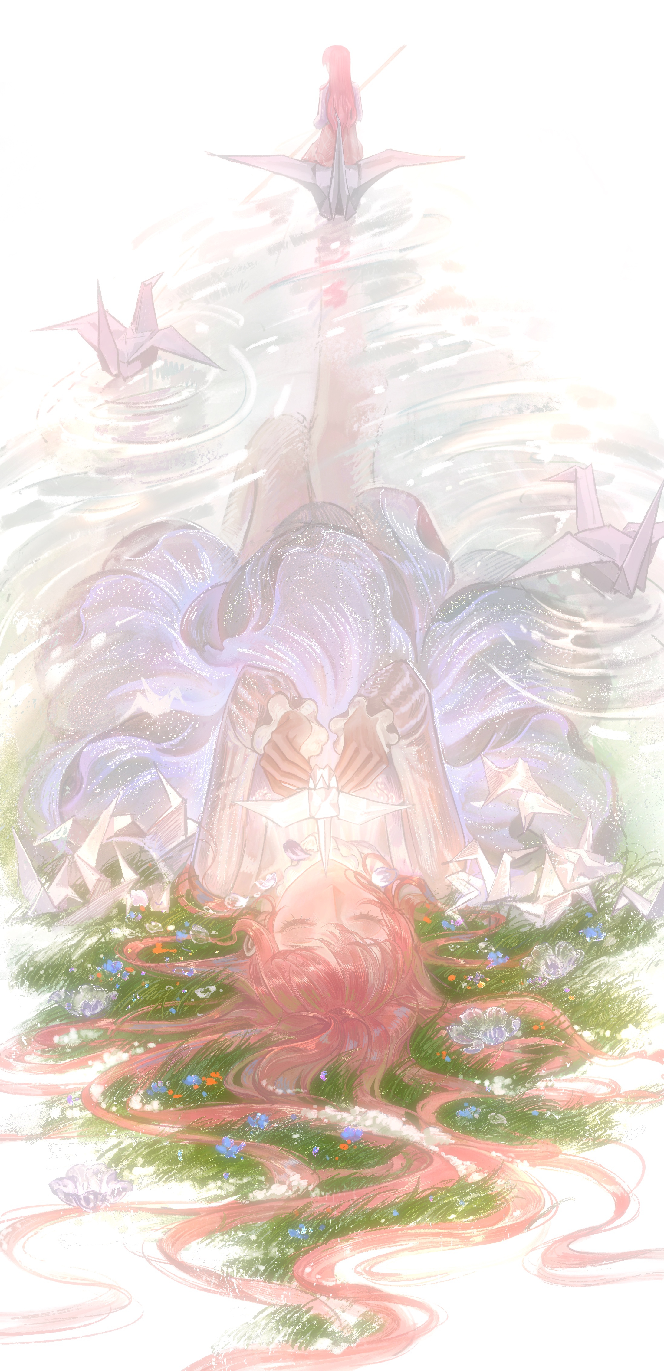 1girl absurdres bloom_poetry_(shining_nikki) border chinese_commentary closed_eyes commentary_request dress eyelashes field flower flower_field frilled_sleeves frills from_behind hair_spread_out highres holding holding_oar long_hair long_sleeves lying multiple_views nikki_(nikki) nikki_(series) oar object_floating_above_hand on_back on_ground origami outside_border paper_crane pinafore_dress pink_dress pink_hair pleated_dress purple_dress riding ripples roaring shining_nikki shirt short_dress sleeveless sleeveless_dress sleeves_past_wrists soaking_feet straight_hair striped_clothes striped_shirt vertical-striped_clothes vertical-striped_shirt very_long_hair white_border white_shirt xxyt-xx